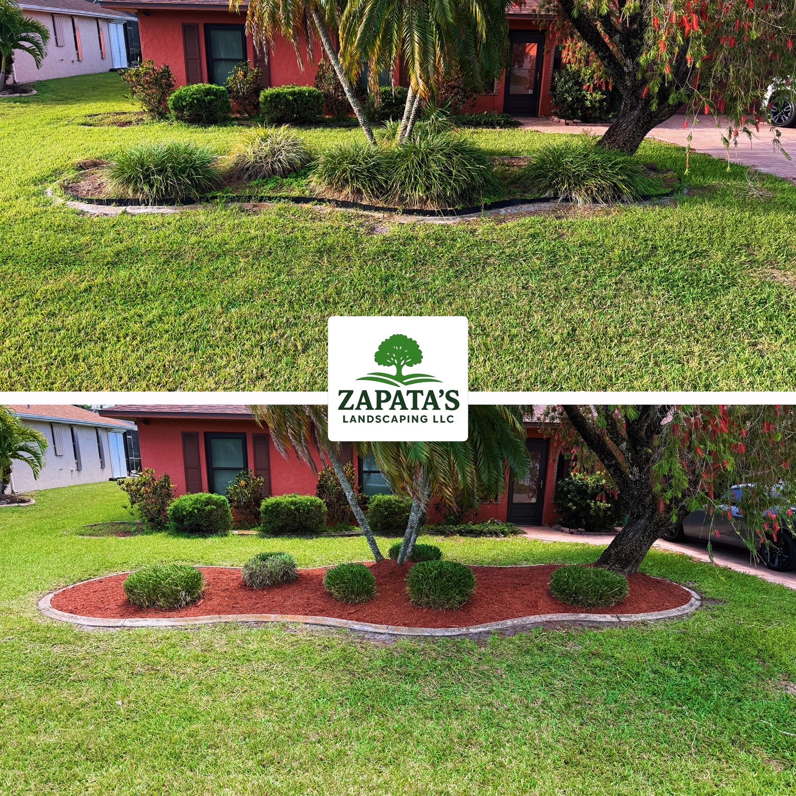 Garden bed reshaped and finished with red mulch